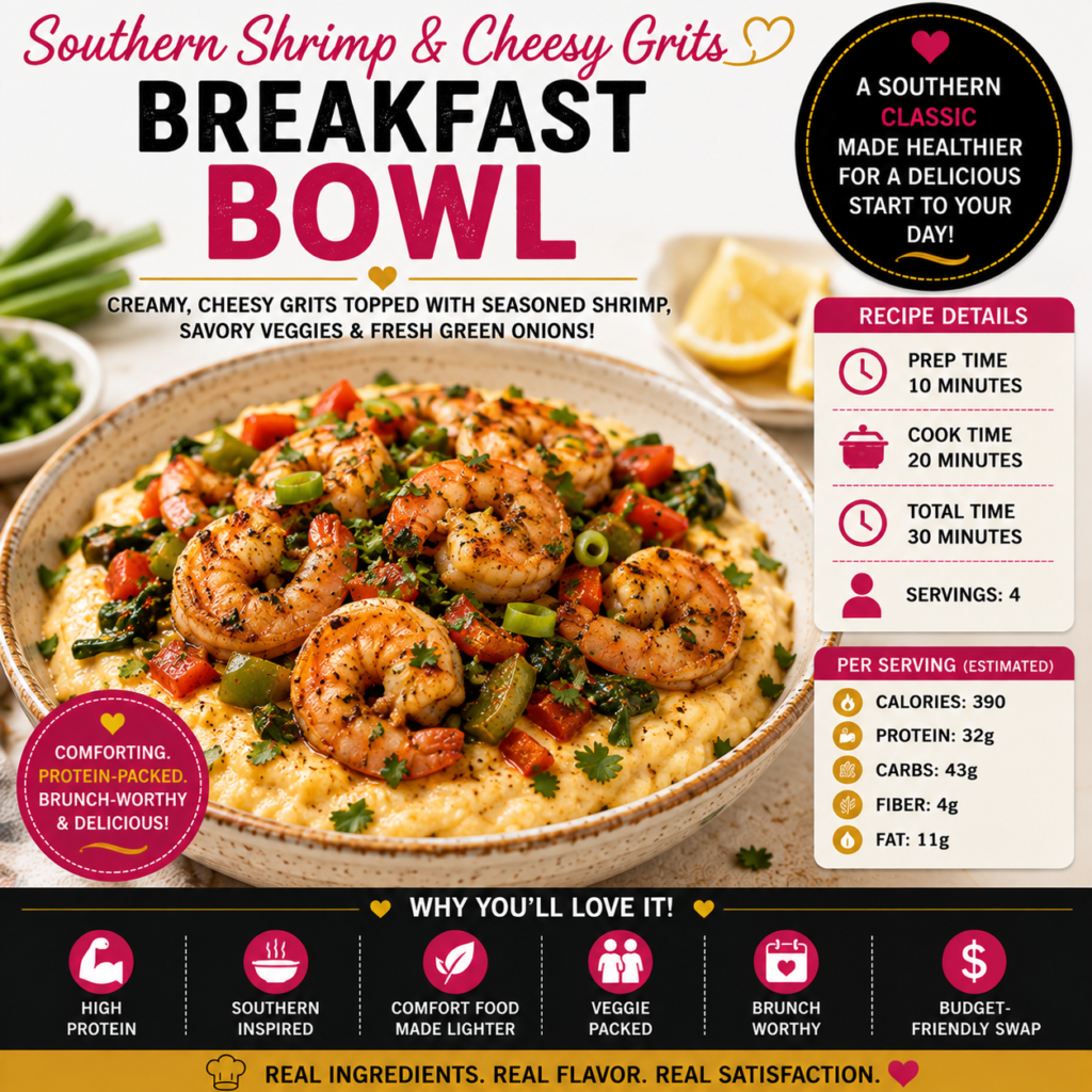 Southern Shrimp and Cheesy Grits Breakfast Bowl with seasoned shrimp, creamy cheddar grits, bell peppers, spinach and green onions
