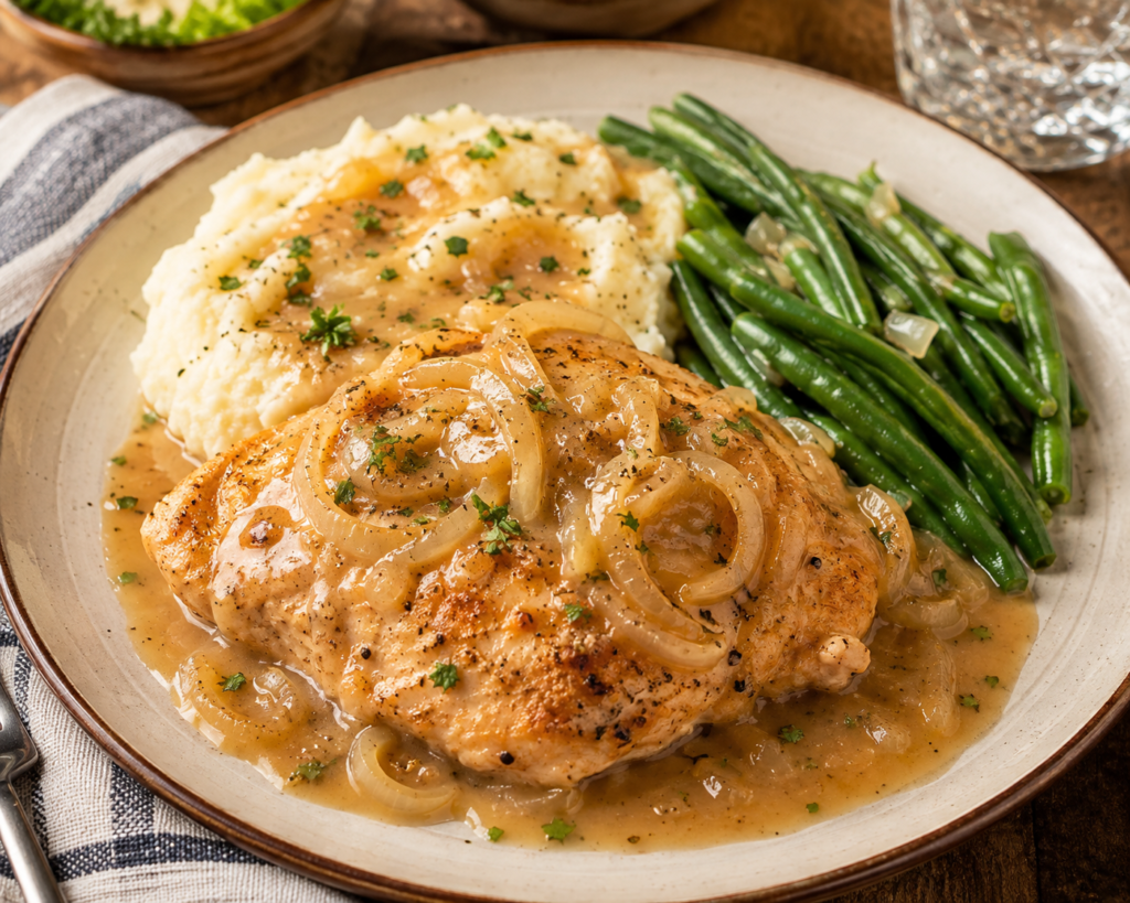 Southern smothered chicken breast topped with savory onion and herb gravy, served with creamy mashed potatoes and green beans.