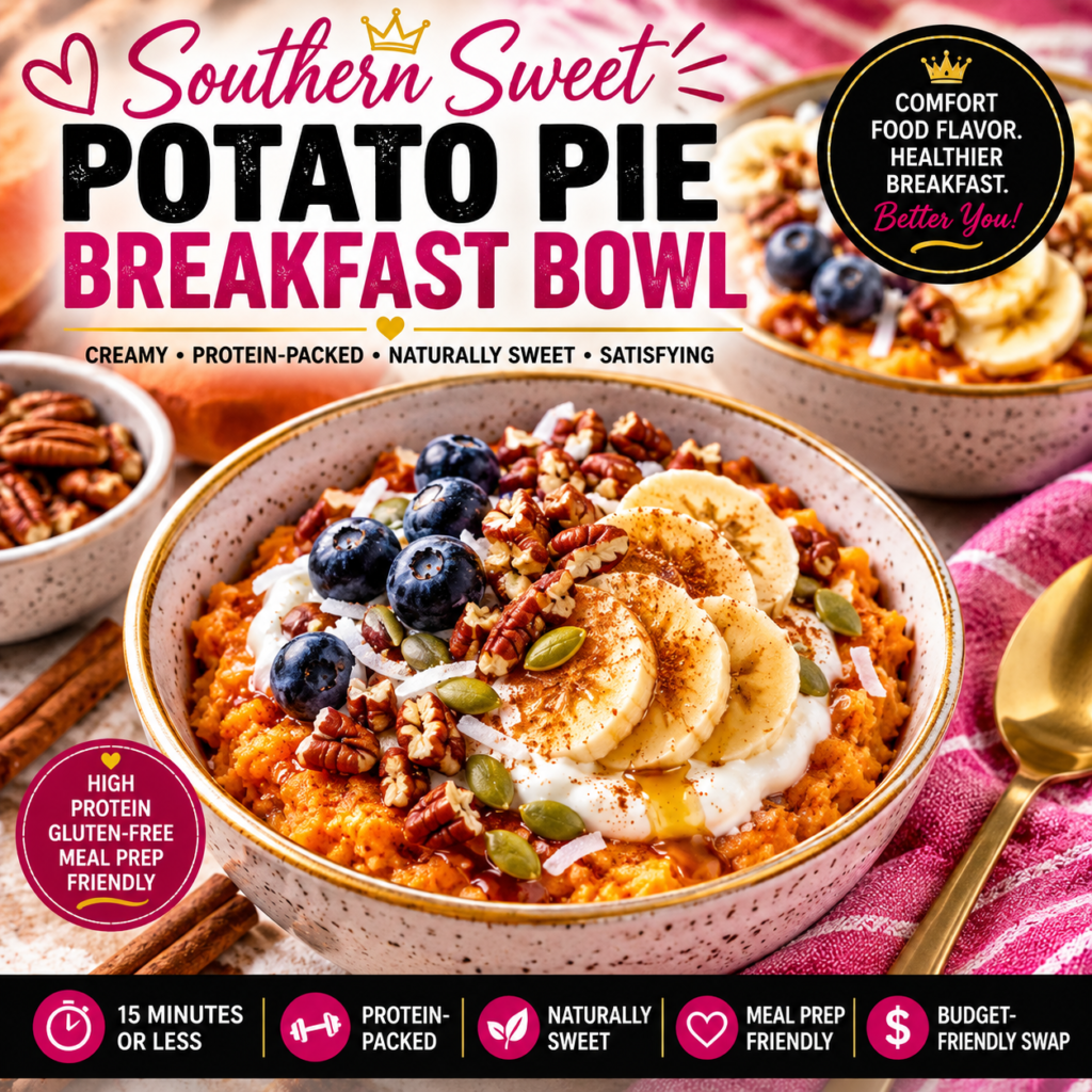 Southern Sweet Potato Pie Breakfast Bowl topped with Greek yogurt, banana, blueberries, pecans, pumpkin seeds and cinnamon