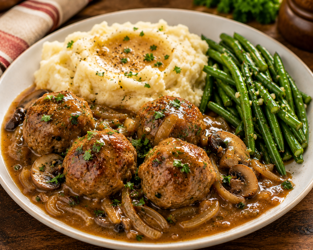 Southern turkey meatballs with savory onion and mushroom brown gravy served with creamy mashed potatoes and seasoned green beans.
