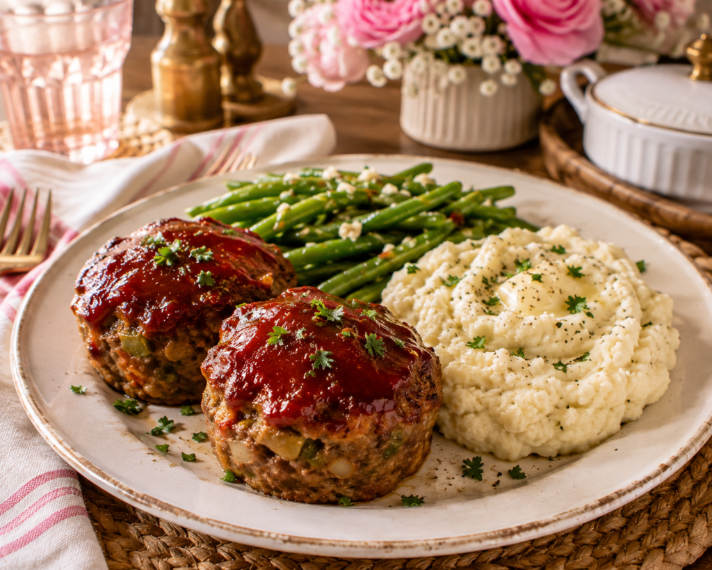 Southern Turkey Meatloaf Muffins with sweet and tangy glaze served with creamy garlic mashed cauliflower and seasoned green beans.

