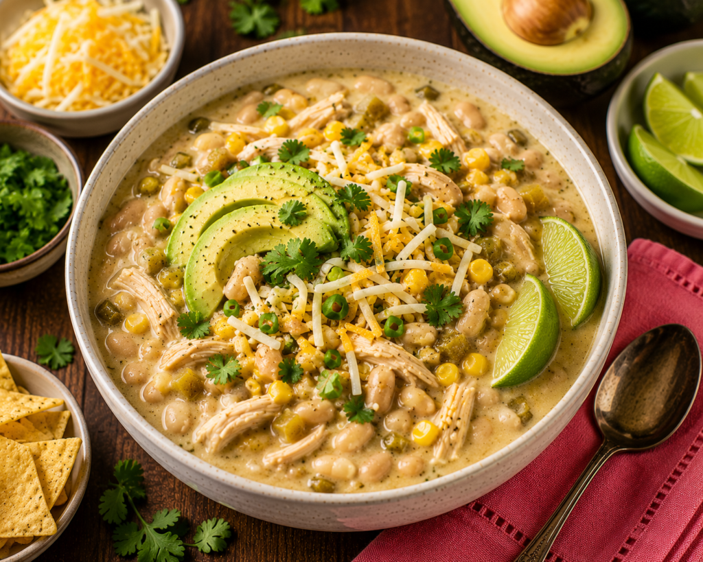 Southern White Chicken Chili with shredded chicken, white beans, corn, green chiles, creamy broth, cilantro, avocado, cheese, and fresh lime.

