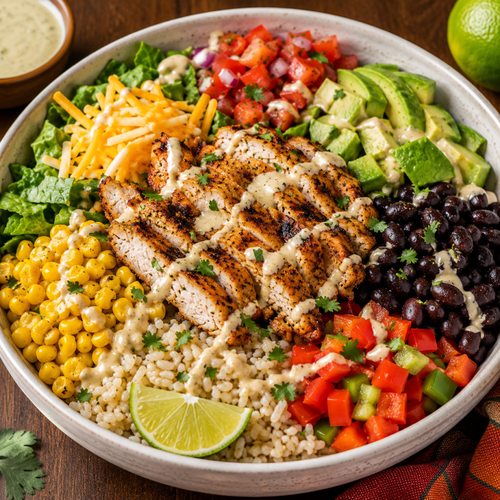 Southwest Chicken & Black Bean Bowl with seasoned grilled chicken, black beans, corn, brown rice, avocado, tomatoes, peppers, romaine, cheese, and creamy lime dressing.