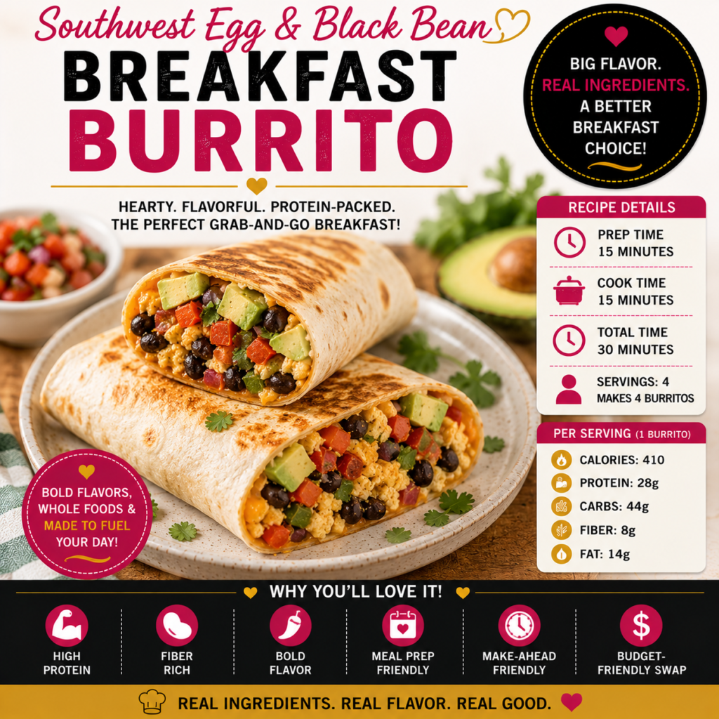 Southwest Egg and Black Bean Breakfast Burrito filled with fluffy eggs, black beans, peppers, avocado, cheese and fresh salsa
