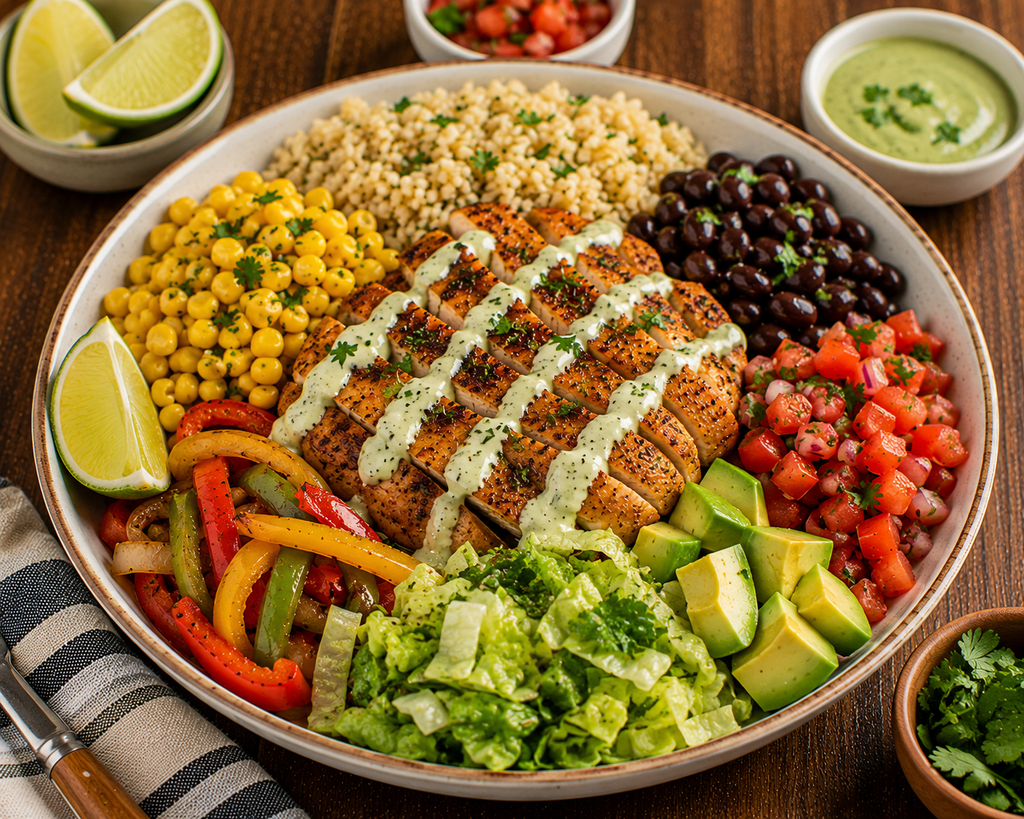 Southwest grilled chicken burrito bowl with brown rice, black beans, corn, peppers and onions, pico de gallo, avocado, romaine, lime, and cilantro-lime sauce.
