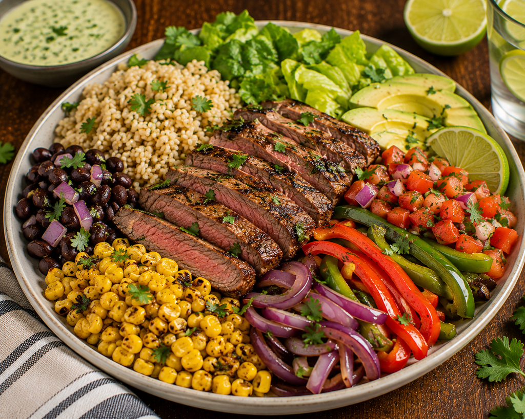 Southwest grilled steak and brown rice bowl with black beans, charred corn, peppers and onions, avocado, romaine, pico de gallo, lime, and cilantro-lime sauce.
