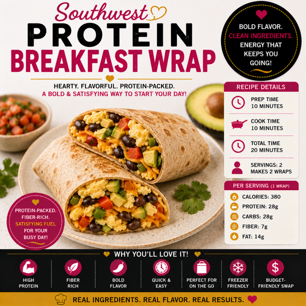 Southwest Protein Breakfast Wrap filled with scrambled eggs, black beans, bell peppers, avocado, cheddar cheese and fresh salsa