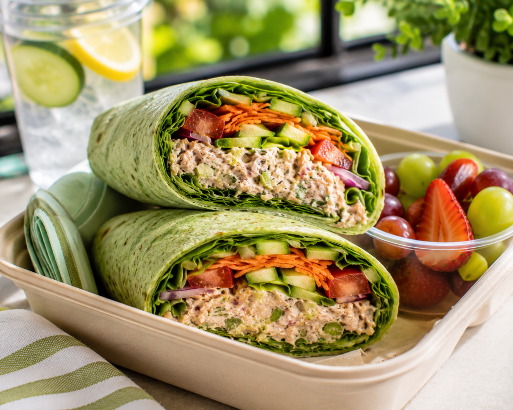 Spinach Tuna Crunch Wrap filled with creamy tuna, crisp romaine lettuce, tomato, cucumber, shredded carrots, and red onion in a green spinach tortilla.
