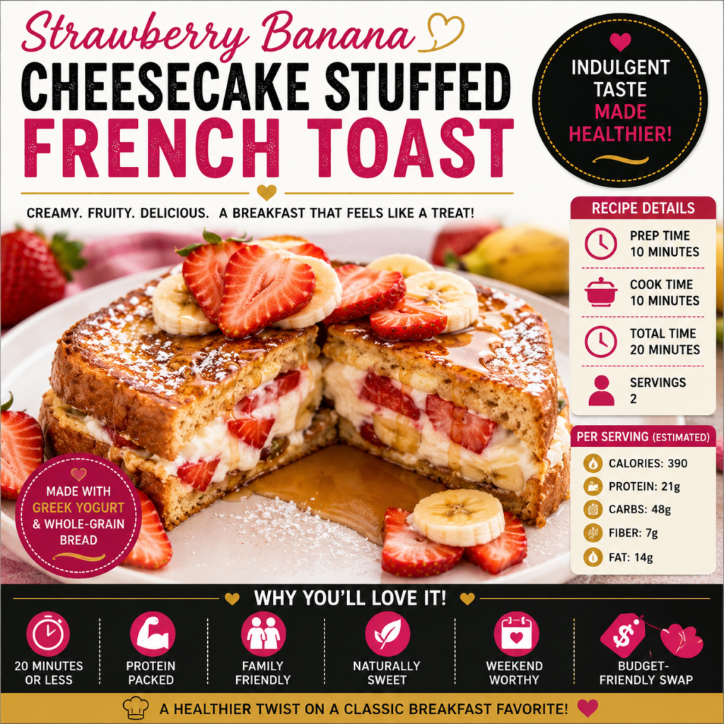Strawberry Banana Cheesecake Stuffed French Toast filled with Greek yogurt cream cheese, fresh strawberries and banana