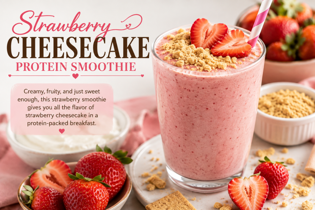 Strawberry Cheesecake Protein Smoothie with fresh strawberries and graham cracker topping