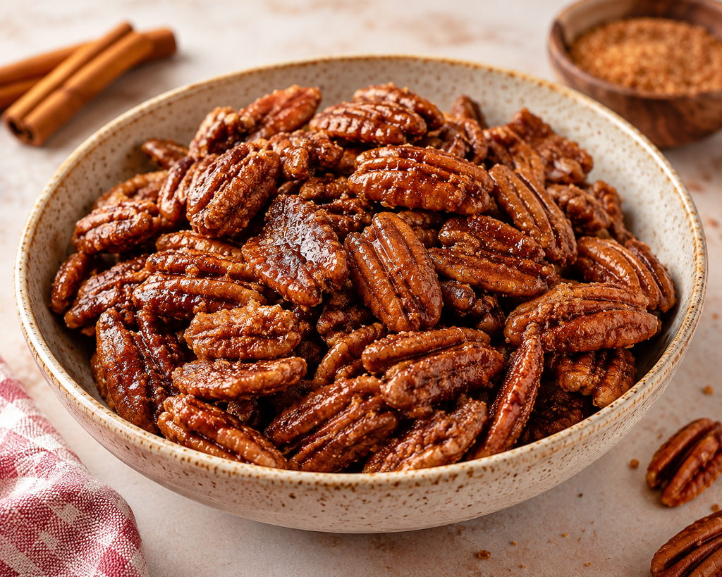 Sweet and smoky cinnamon pecans roasted with maple syrup, cinnamon, vanilla, and warm spices in a ceramic bowl.
