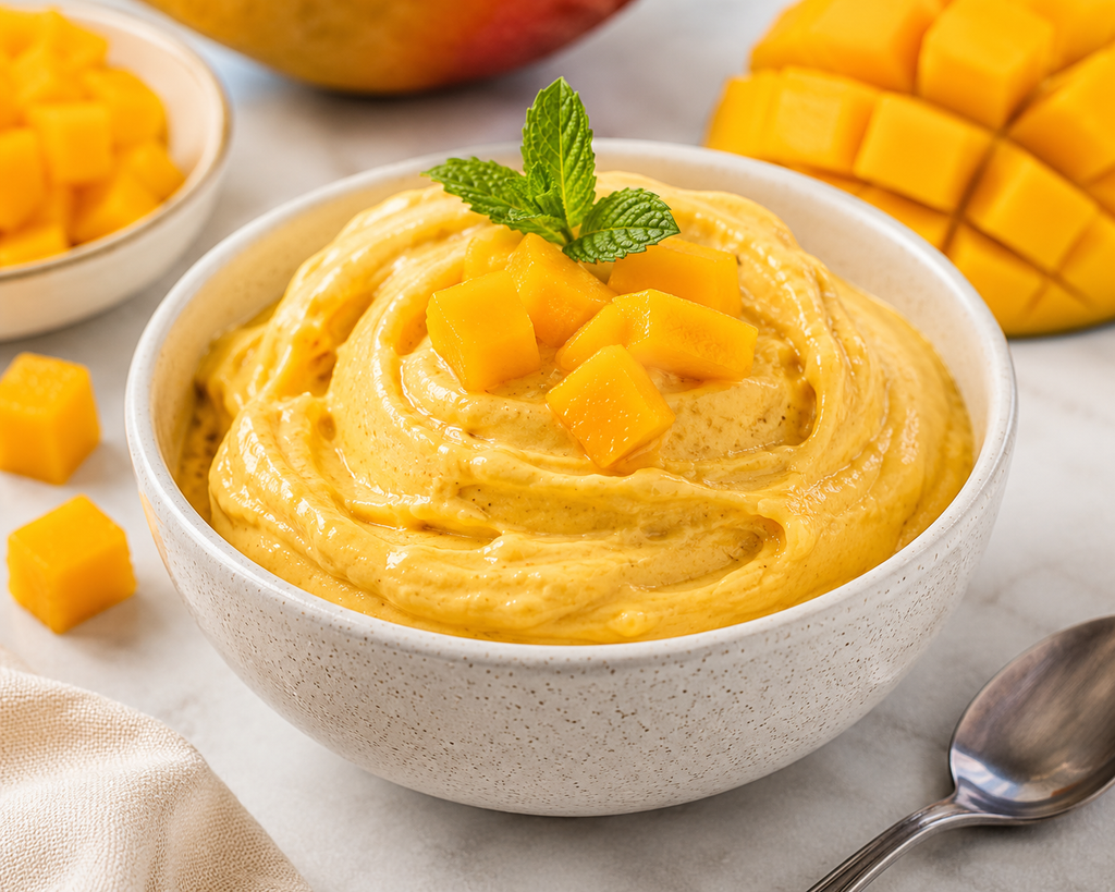 Creamy homemade mango nice cream made with frozen mango and banana, served in a bowl and topped with fresh mango chunks and mint.

