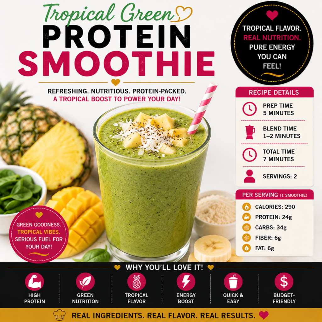 Tropical Green Protein Smoothie made with pineapple, mango, banana, spinach, Greek yogurt and chia seeds
