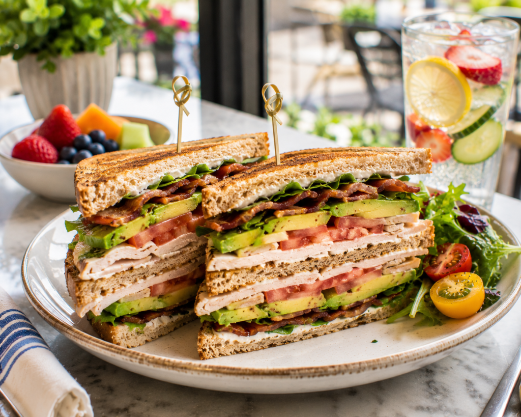 Turkey Avocado Club Sandwich layered with sliced turkey, avocado, crispy turkey bacon, tomato, lettuce, and creamy Dijon Greek-yogurt spread on toasted whole-grain bread.