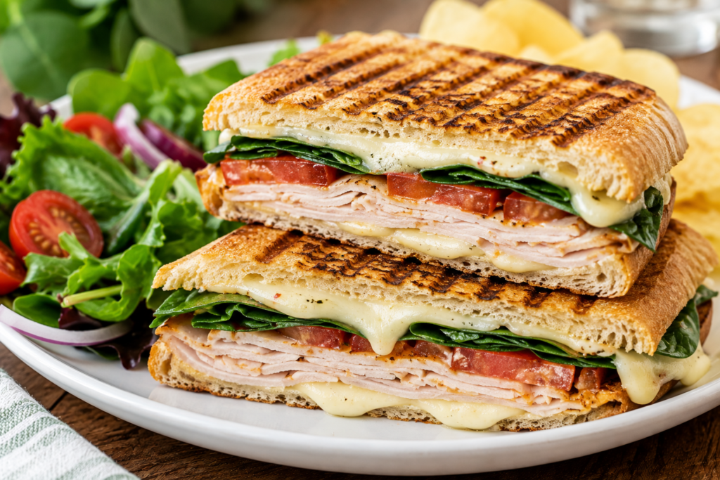 Turkey, Spinach & Pepper Jack Panini with sliced turkey, melted pepper Jack cheese, fresh spinach, tomato, and golden grilled bread served with a fresh side salad.
