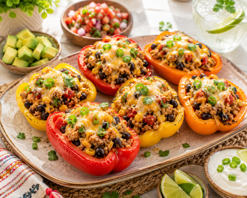 Turkey Taco Stuffed Bell Peppers filled with seasoned ground turkey, black beans, corn, brown rice, tomatoes, and melted cheese with fresh avocado, cilantro, and lime.