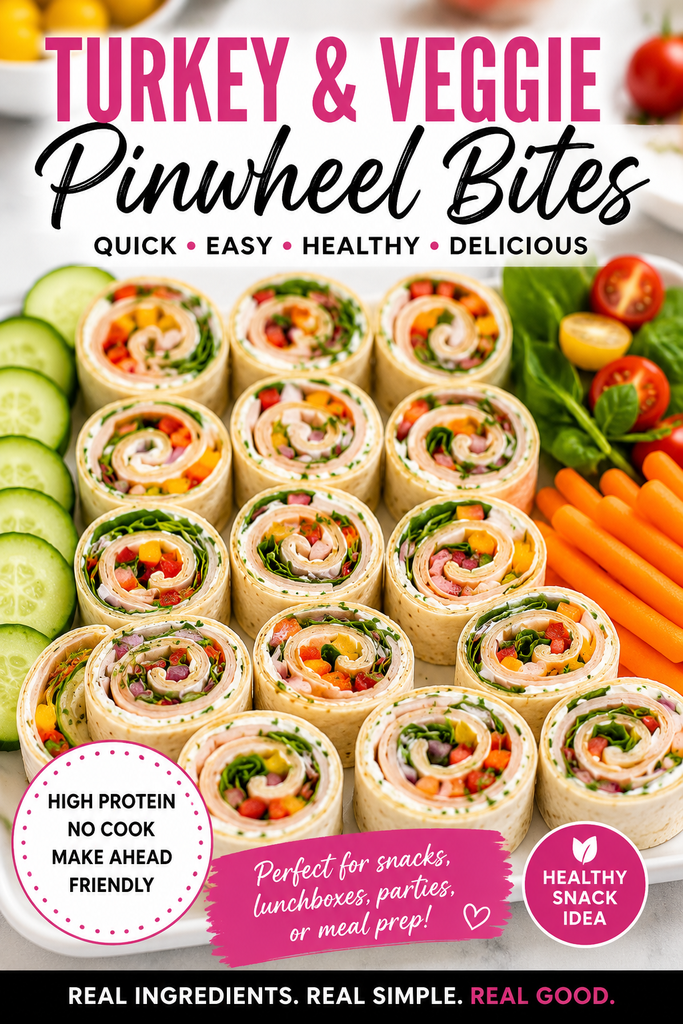 Turkey and Veggie Pinwheel Bites made with whole-wheat tortillas, sliced turkey, spinach, bell peppers, cucumber, red onion, and creamy herb spread.

