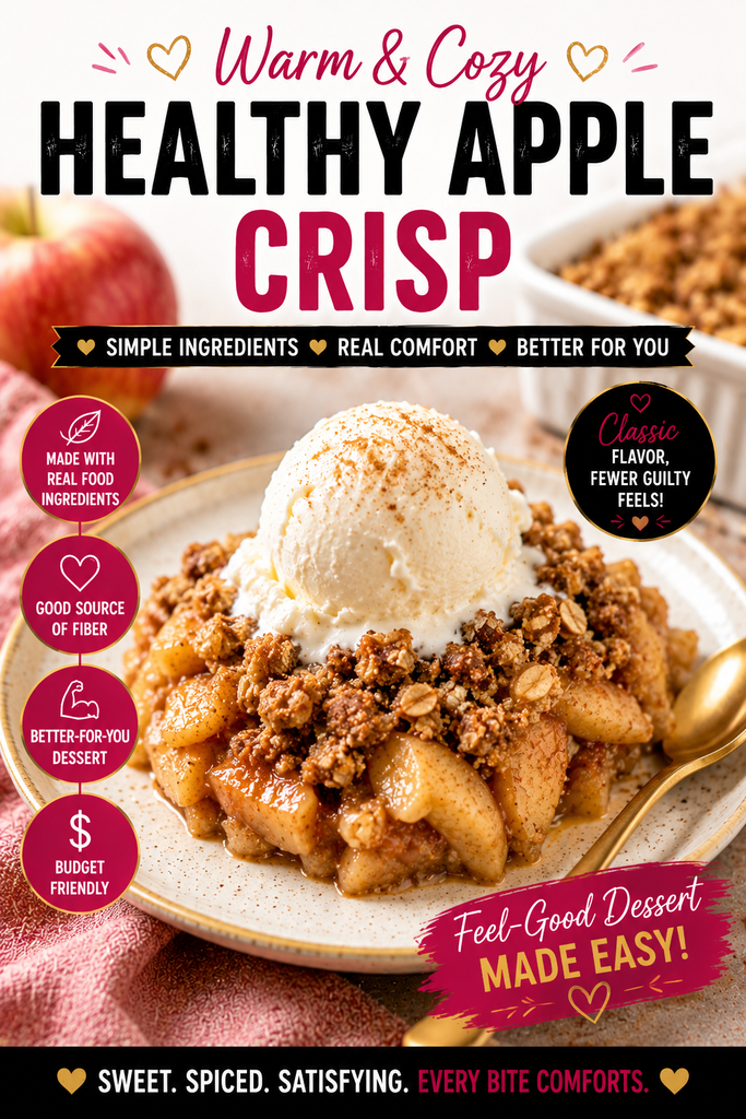 Warm cinnamon apple crisp with tender baked apples and golden oat topping served with a scoop of vanilla ice cream.
