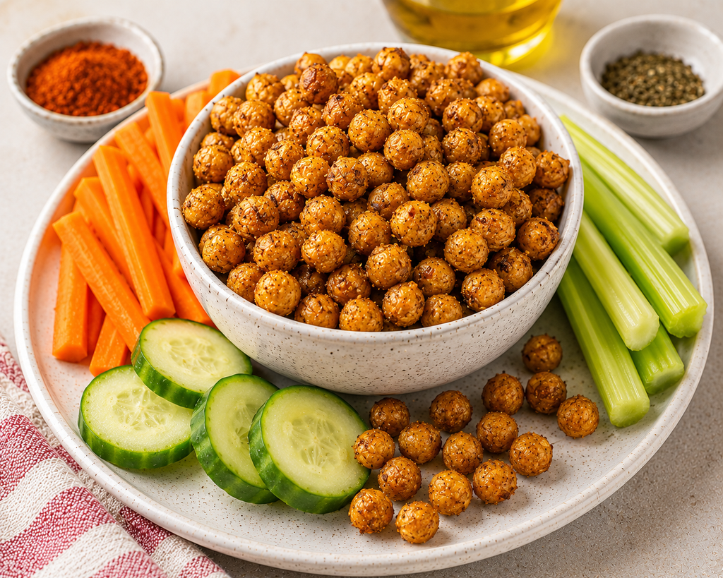 Zesty Cajun Roasted Chickpeas seasoned with paprika, garlic, herbs, and Cajun-inspired spices, served with fresh cucumber, carrots, and celery.
