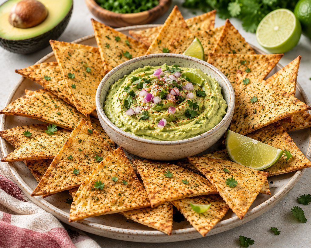 Zesty baked lime tortilla crisps served with creamy avocado Greek yogurt dip, fresh lime wedges, cilantro, and red onion.
