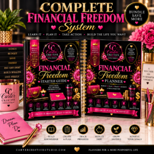Financial Freedom Starter Guide and Financial Freedom Planner bundle by Carter Cre8tive Studio, designed to help with budgeting, debt reduction, savings, financial goals, and money management.