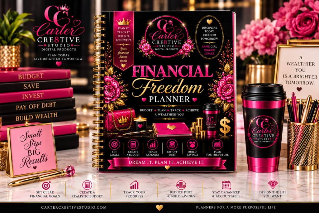 Financial Freedom Planner by Carter Cre8tive Studio for budgeting, savings, debt tracking, goal setting, and financial planning