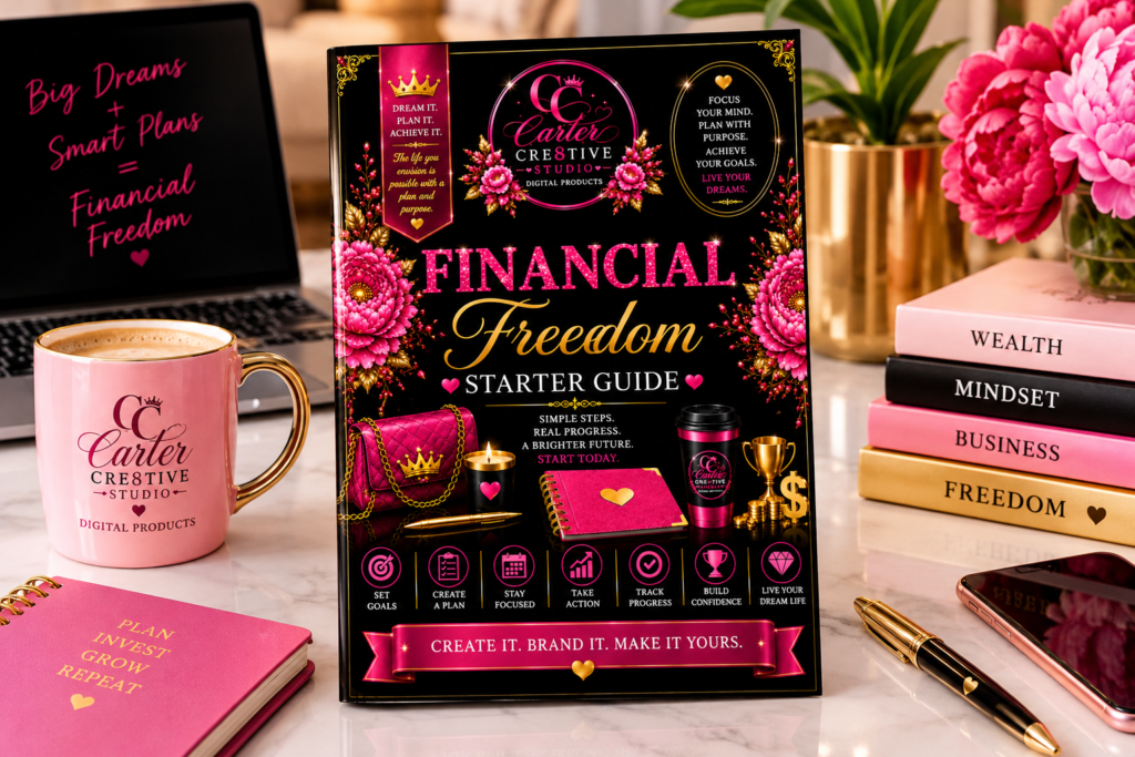 Financial Freedom Starter Guide digital workbook by Carter Cre8tive Studio for budgeting, saving, debt payoff, and financial planning